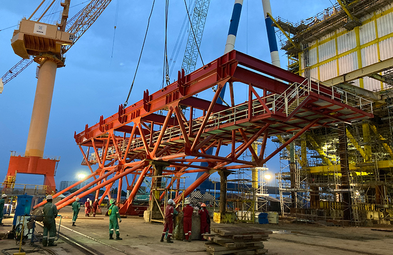 Detailed structural integrity survey of offshore steel frames by a marine consultancy services.