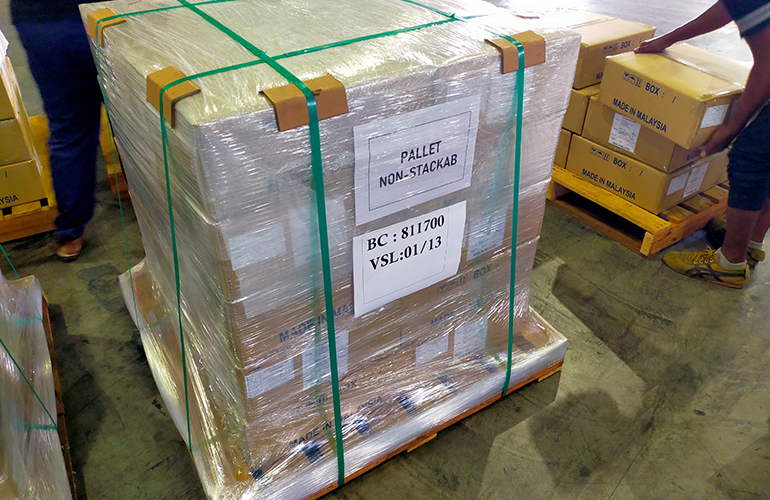 Cargo surveyor examining palletized goods before shipment