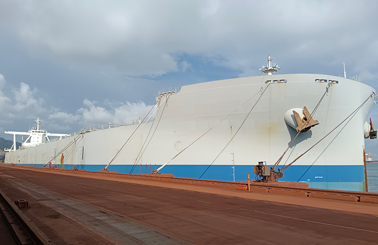 Vessel survey inspection of ship crane and cargo handling equipment at port